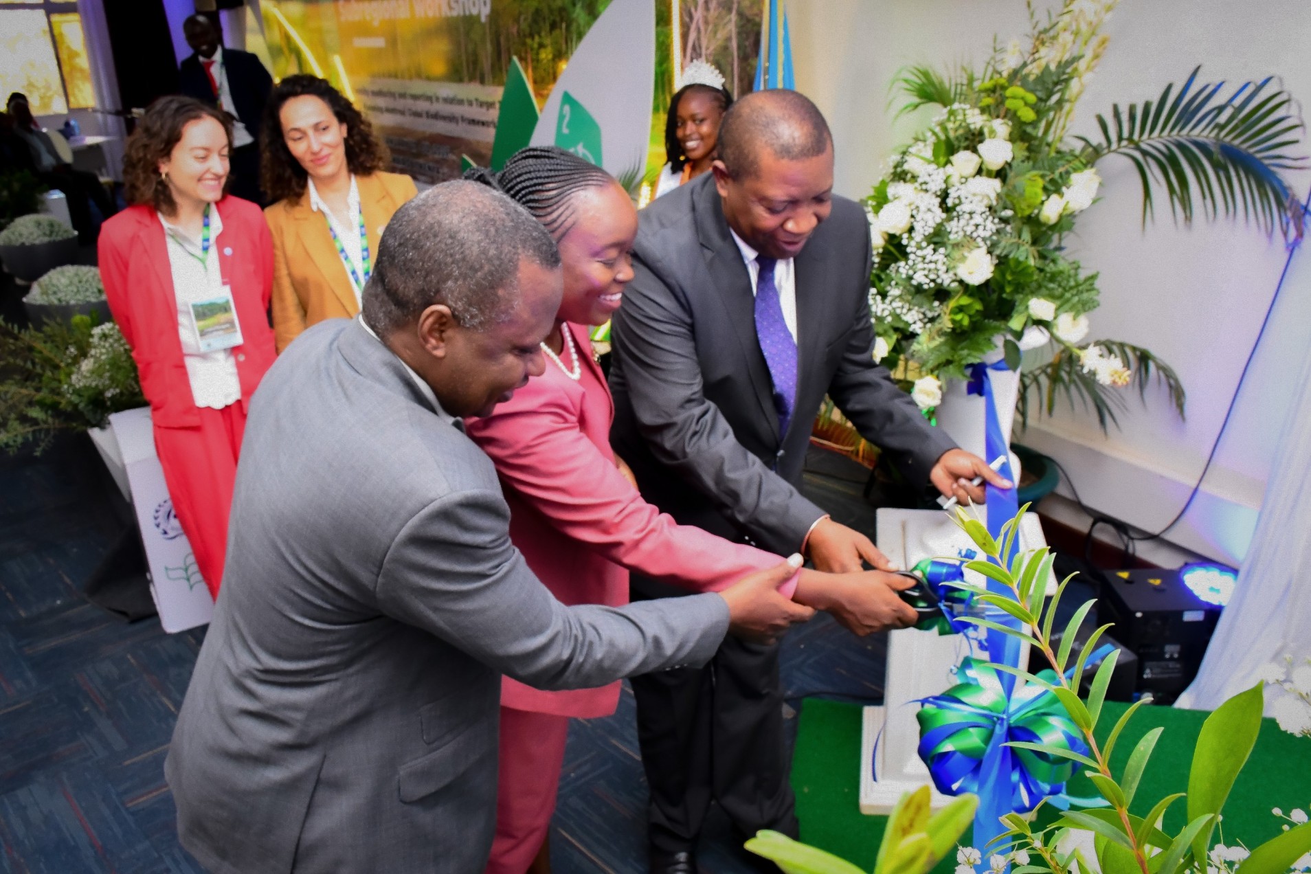 Cabinet Secretary for Environment, Climate Change and Forestry, Dr. Deborah Mulongo Barasa, officially unveils RCMRD as a Subregional Technical and Scientific Cooperation Support Centre. She is joined by RCMRD Director General Dr. Emmanuel Nkurunziza and Chairperson of the RCMRD Governing Council and Permanent Secretary, Ministry of Lands and Natural Resources, Zambia, Mr. Patrick Mucheleka. Image
